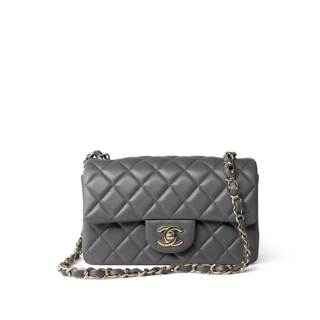 CHANEL Handbag Grey Dark Grey Lambskin Quilted Mini Rectangular Flap Light Gold Hardware - Redeluxe