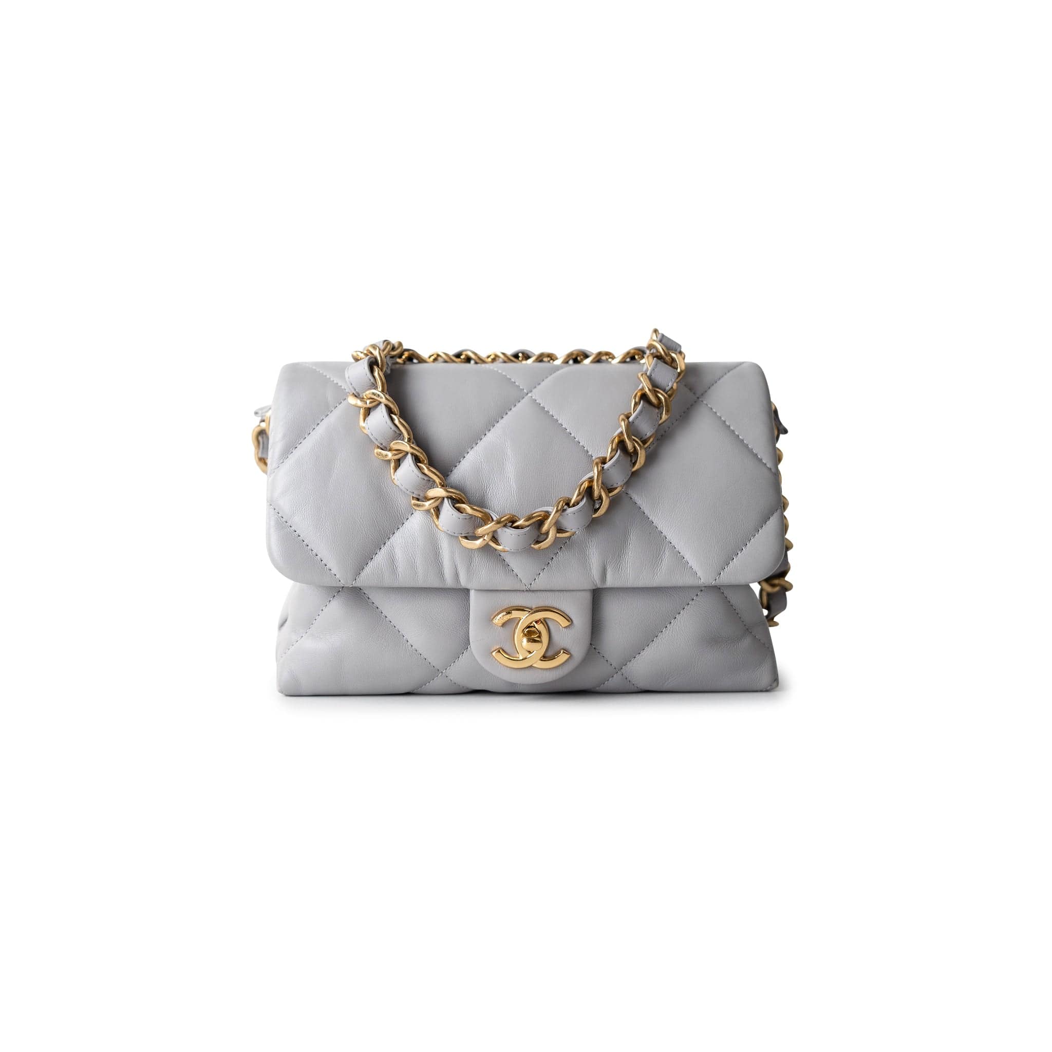 CHANEL Handbag Grey Grey Lambskin Quilted Chain Top Handle Flap - Redeluxe