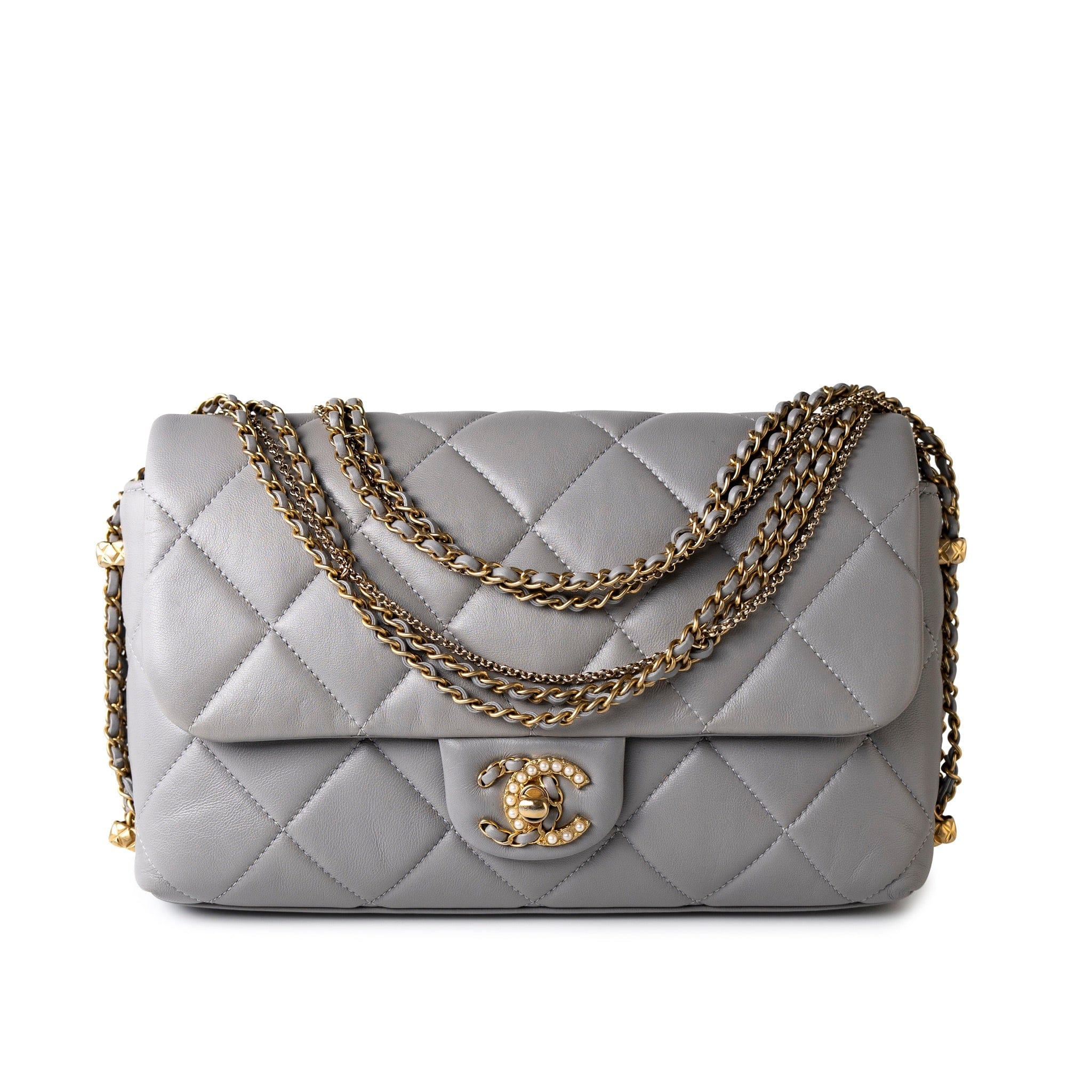 CHANEL Handbag Grey Grey Lambskin Quilted Crush on Chains Single Flap Bag Antique Gold Hardware - Redeluxe