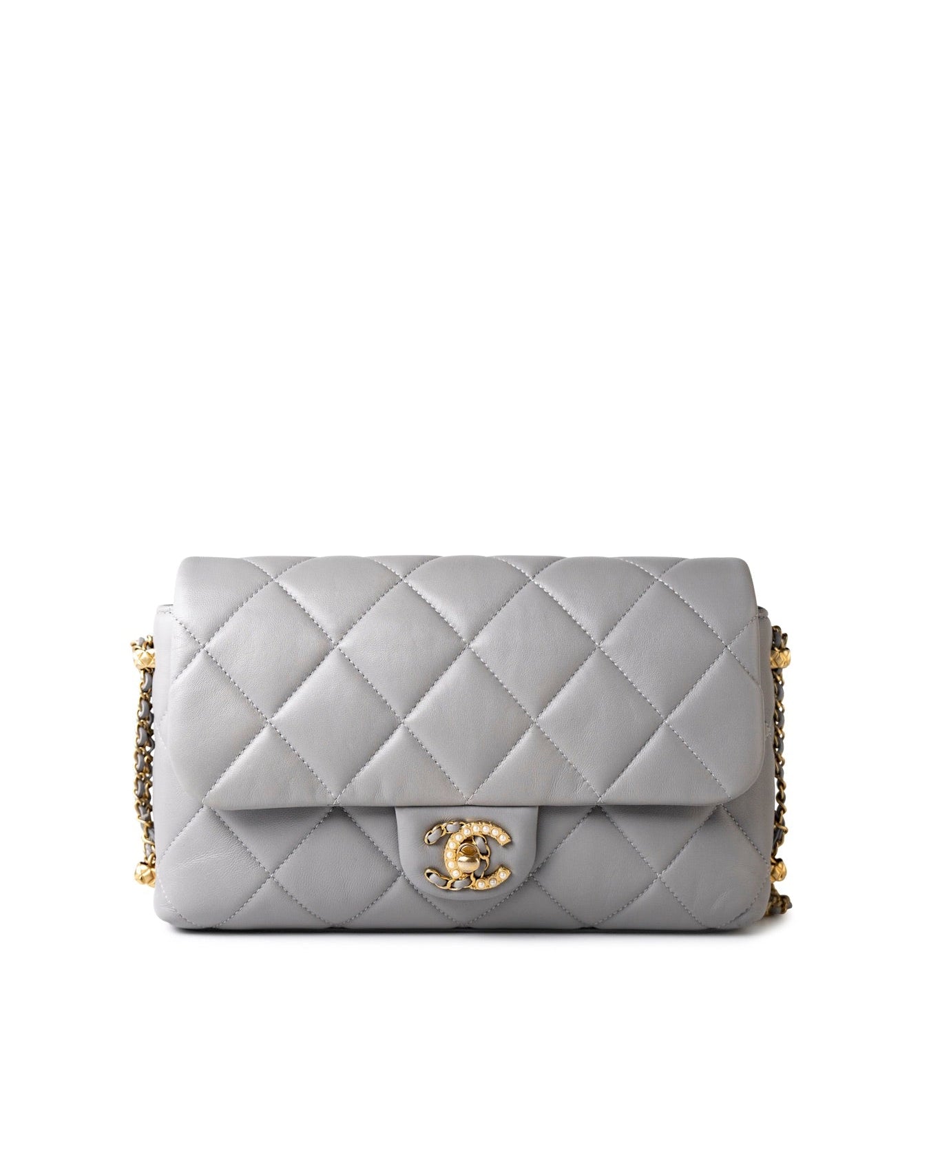 CHANEL Handbag Grey Grey Lambskin Quilted Crush on Chains Single Flap Bag Antique Gold Hardware - Redeluxe