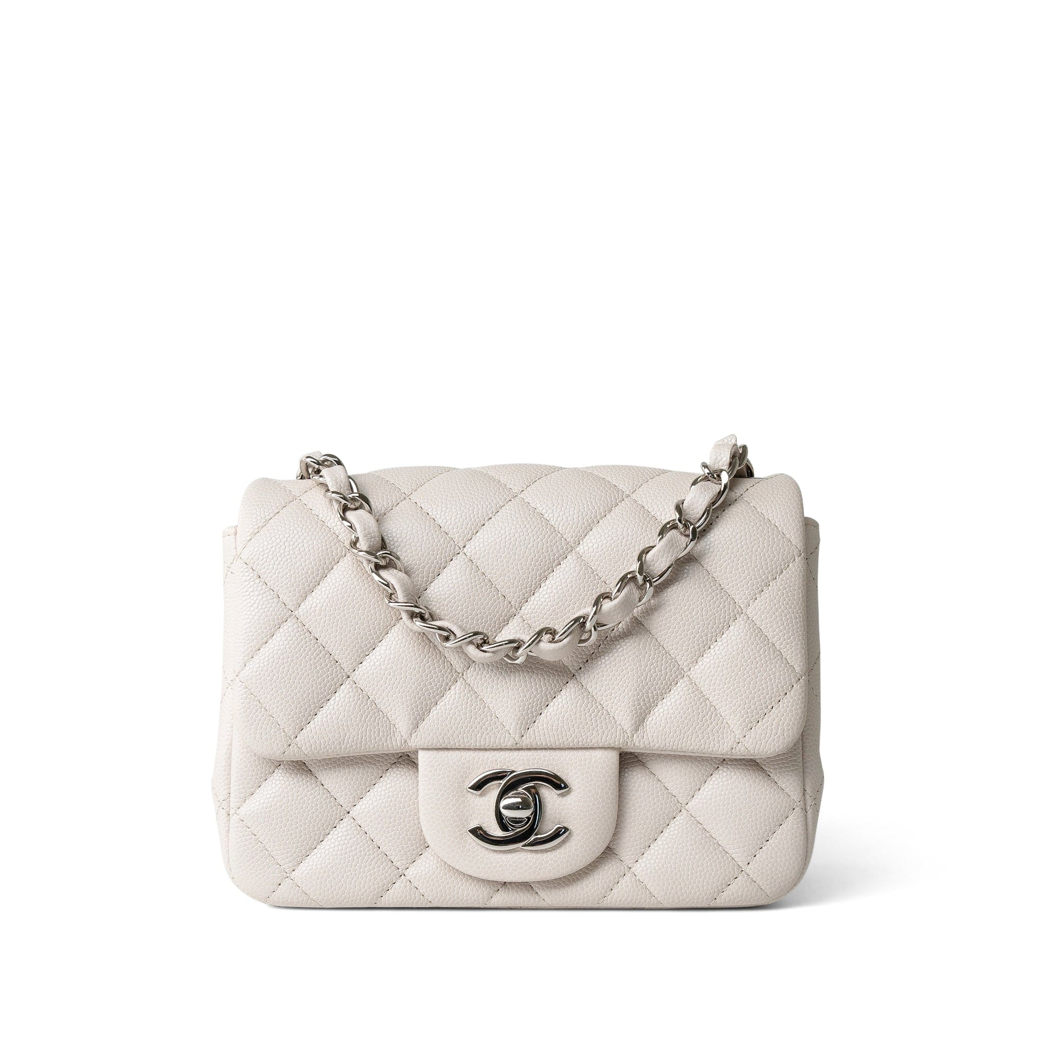 CHANEL Handbag Grey Light Grey Caviar Quilted Mini Square Flap Silver Hardware - Redeluxe