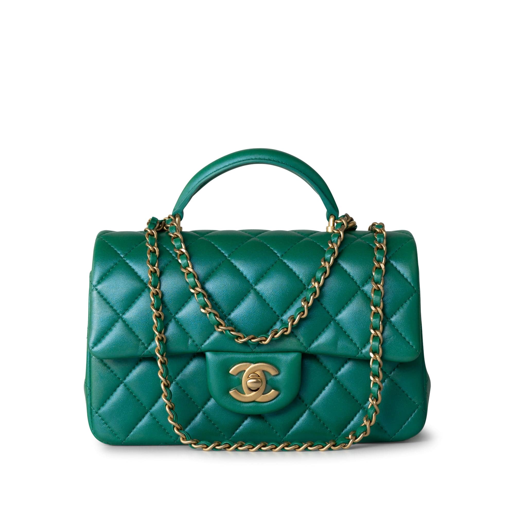 CHANEL Handbag Iridescent Green Lambskin Quilted Mini Top Handle LGHW - Redeluxe