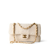 CHANEL Handbag Ivory Ivory Canvas Camellia Classic Double Flap Gold Hardware Vintage - Redeluxe