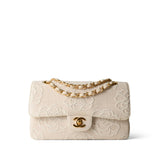 CHANEL Handbag Ivory Ivory Canvas Camellia Classic Double Flap Gold Hardware Vintage - Redeluxe