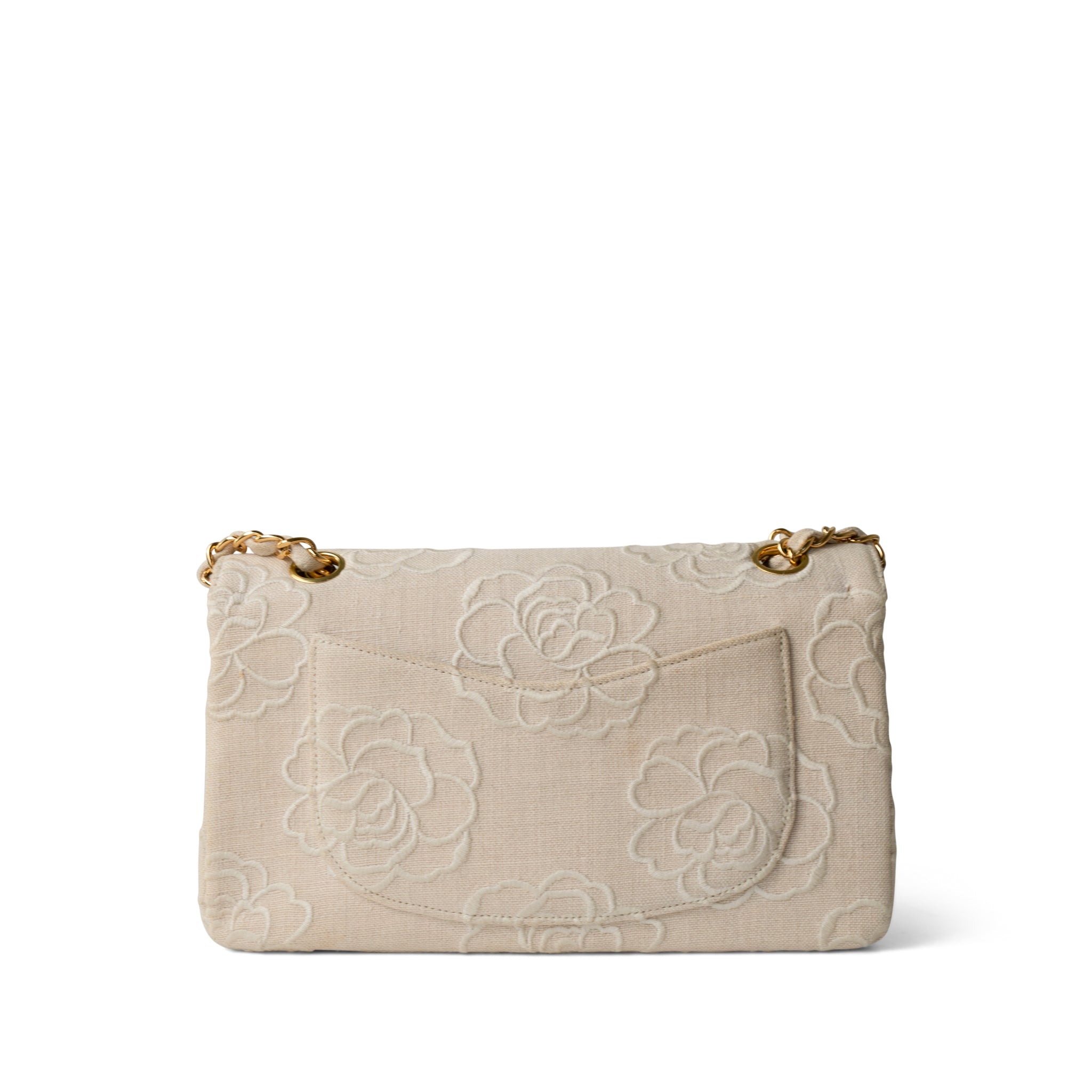 CHANEL Handbag Ivory Ivory Canvas Camellia Classic Double Flap Gold Hardware Vintage - Redeluxe