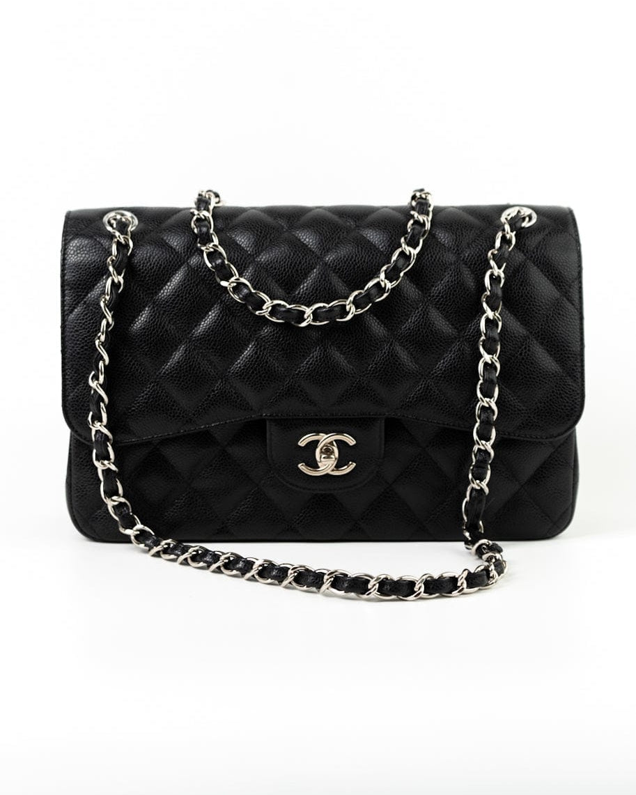 CHANEL Handbag Jumbo Black Caviar Quilted Classic Flap Silver Hardware - Redeluxe