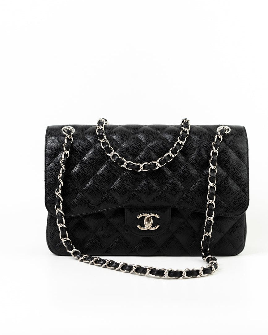 CHANEL Handbag Jumbo Black Caviar Quilted Classic Flap Silver Hardware - Redeluxe