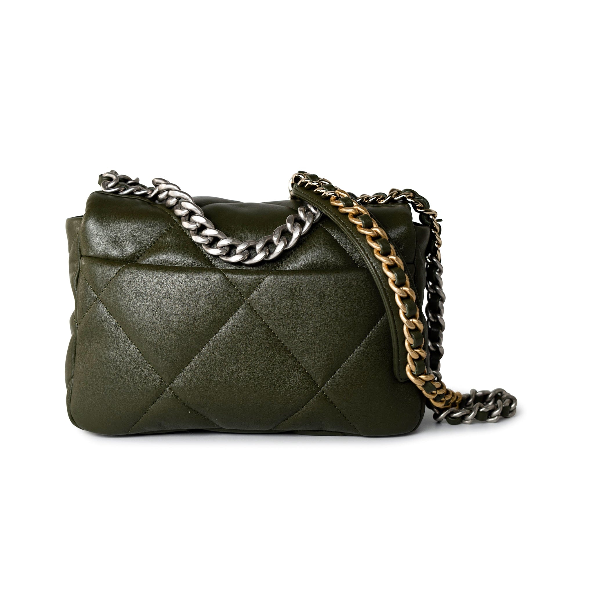 CHANEL Handbag Khaki/ Olive Green Lambskin Quilted 19 Flap Small - Redeluxe