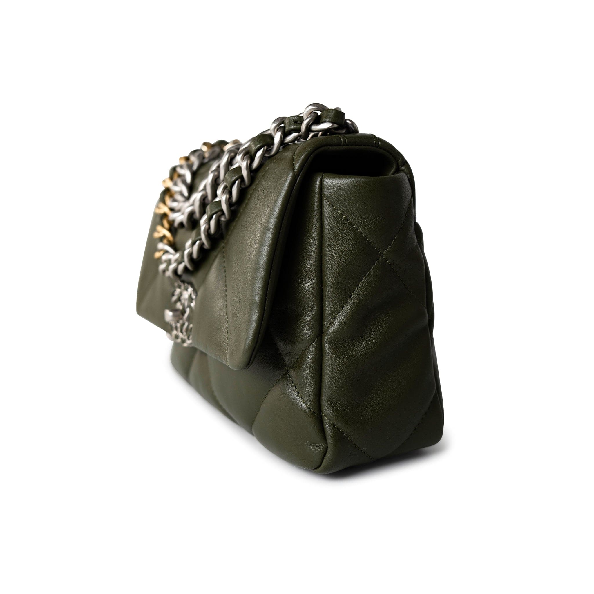 CHANEL Handbag Khaki/ Olive Green Lambskin Quilted 19 Flap Small - Redeluxe