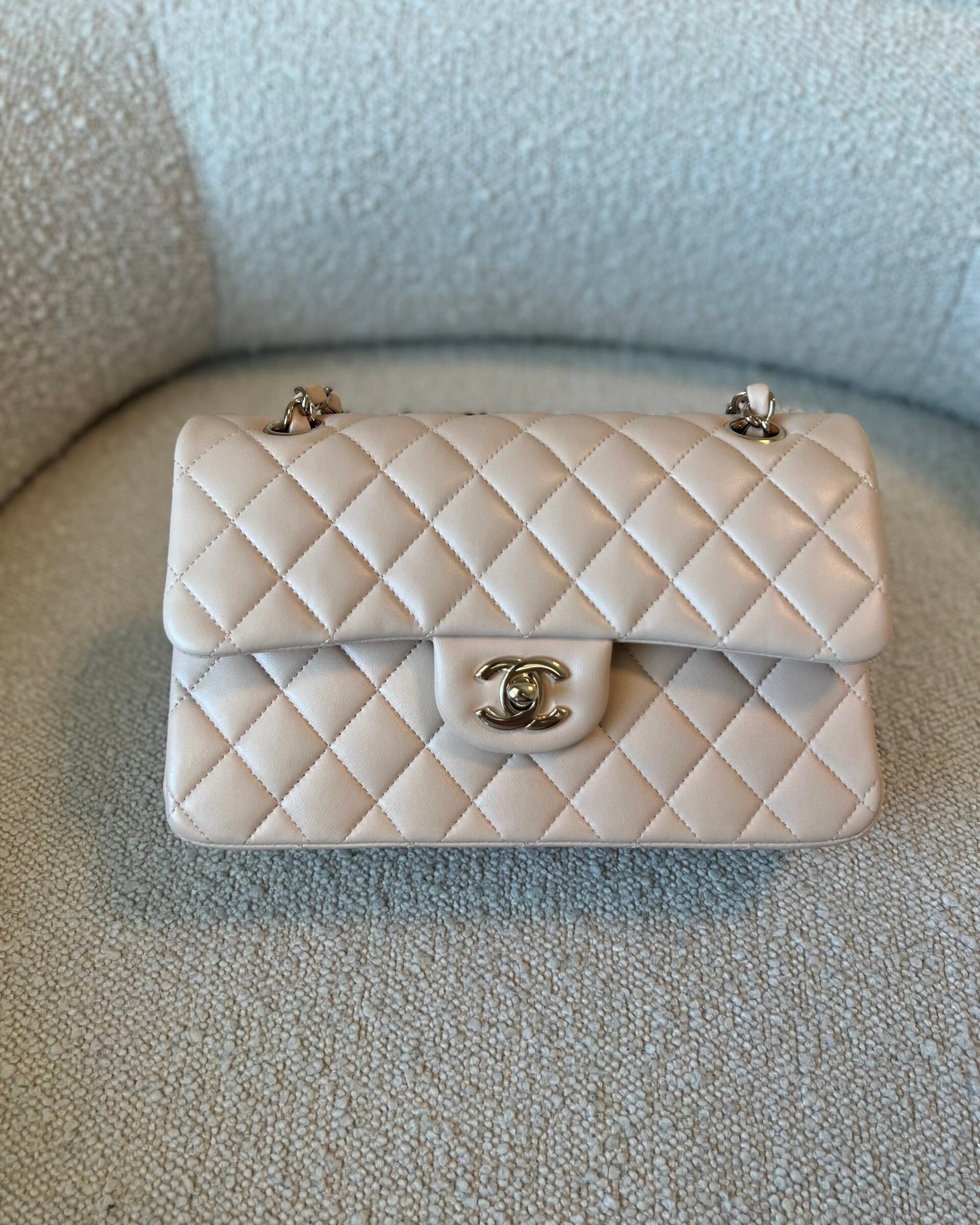 CHANEL Handbag Light Beige Lambskin Quilted Classic Double Flap Small Light Gold Hardware - Redeluxe