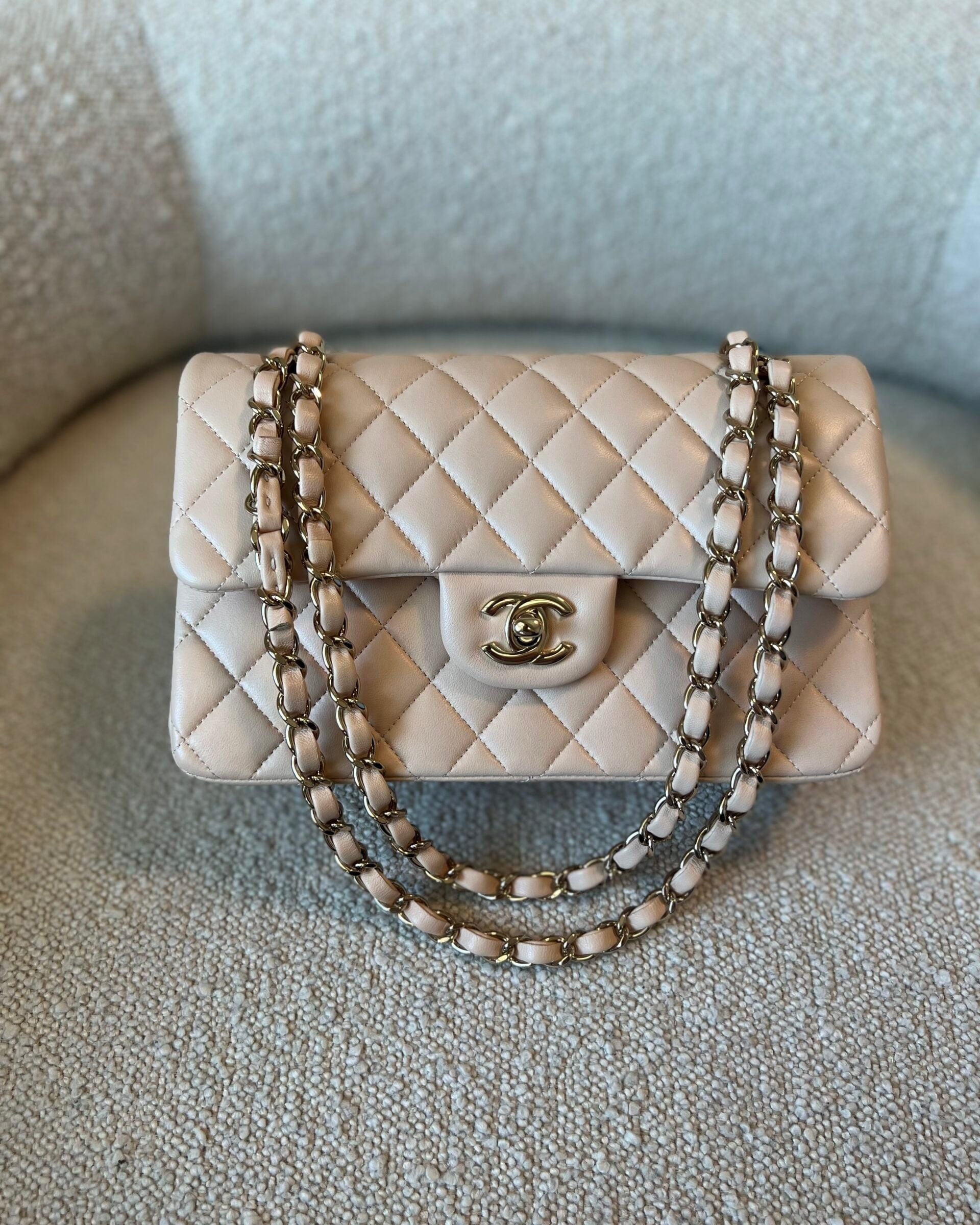 CHANEL Handbag Light Beige Lambskin Quilted Classic Double Flap Small Light Gold Hardware - Redeluxe