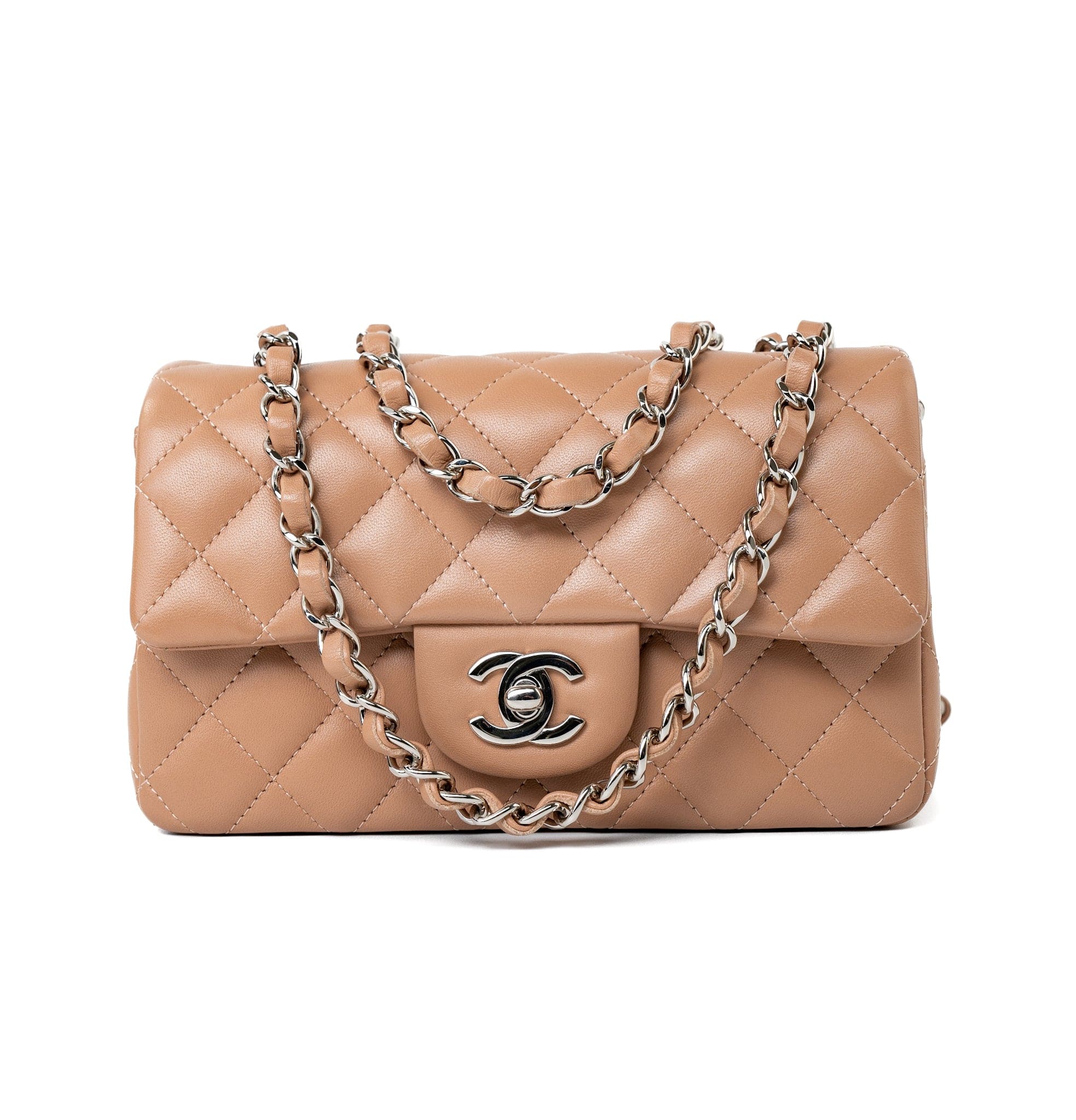 CHANEL Handbag Light Caramel Lambskin Quilted Mini Rectangular Flap Silver Hardware - Redeluxe