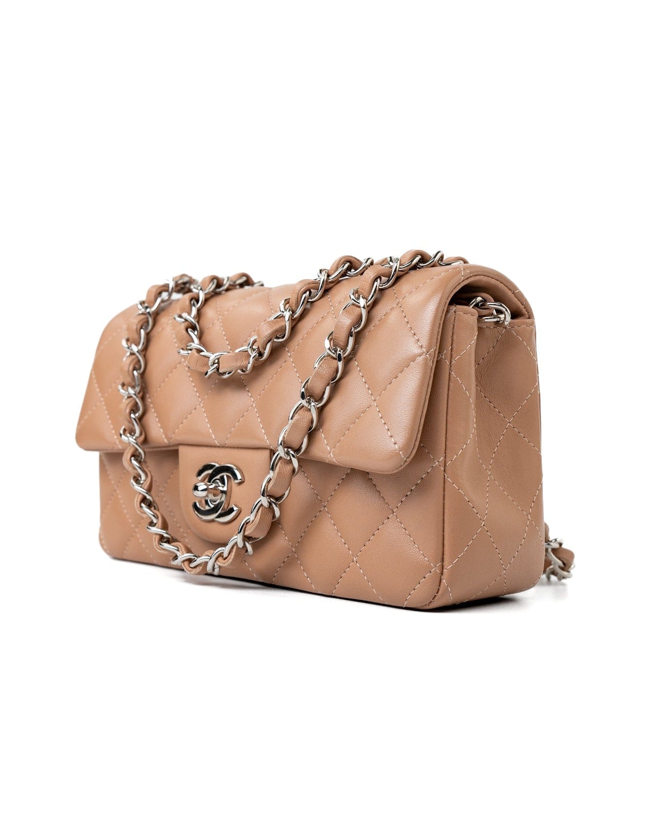 CHANEL Handbag Light Caramel Lambskin Quilted Mini Rectangular Flap Silver Hardware - Redeluxe