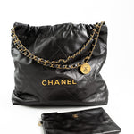 CHANEL Handbag Metallic Charcoal Calfskin Quilted  22 Bag Medium Aged Gold Hardware - Redeluxe