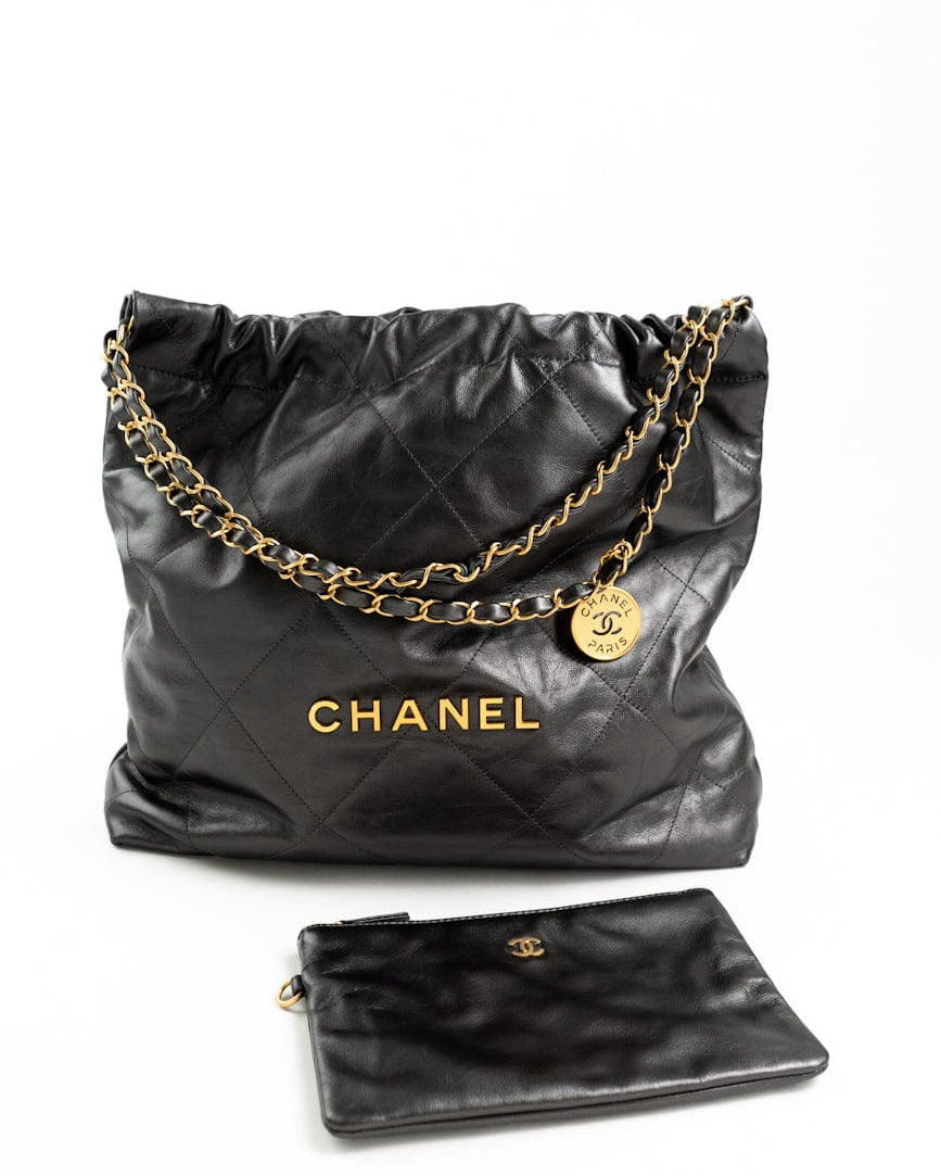 CHANEL Handbag Metallic Charcoal Calfskin Quilted  22 Bag Medium Aged Gold Hardware - Redeluxe