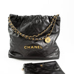 CHANEL Handbag Metallic Charcoal Calfskin Quilted  22 Bag Medium Aged Gold Hardware - Redeluxe