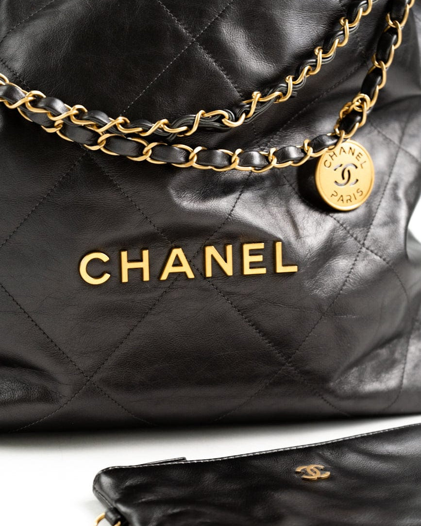 CHANEL Handbag Metallic Charcoal Calfskin Quilted  22 Bag Medium Aged Gold Hardware - Redeluxe