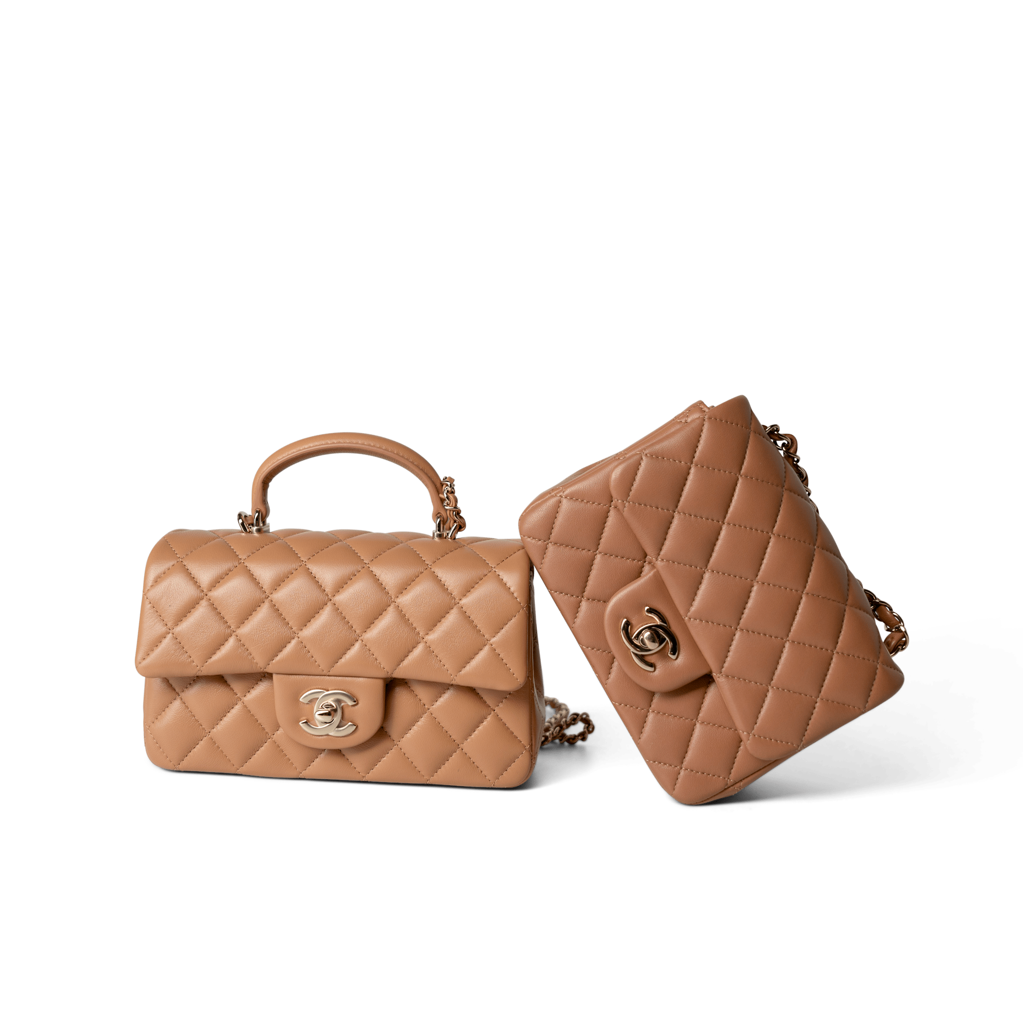 CHANEL Handbag Mini Top Handle / Beige 23P Dark Beige Lambskin Quilted Mini Top Handle LGHW - Redeluxe