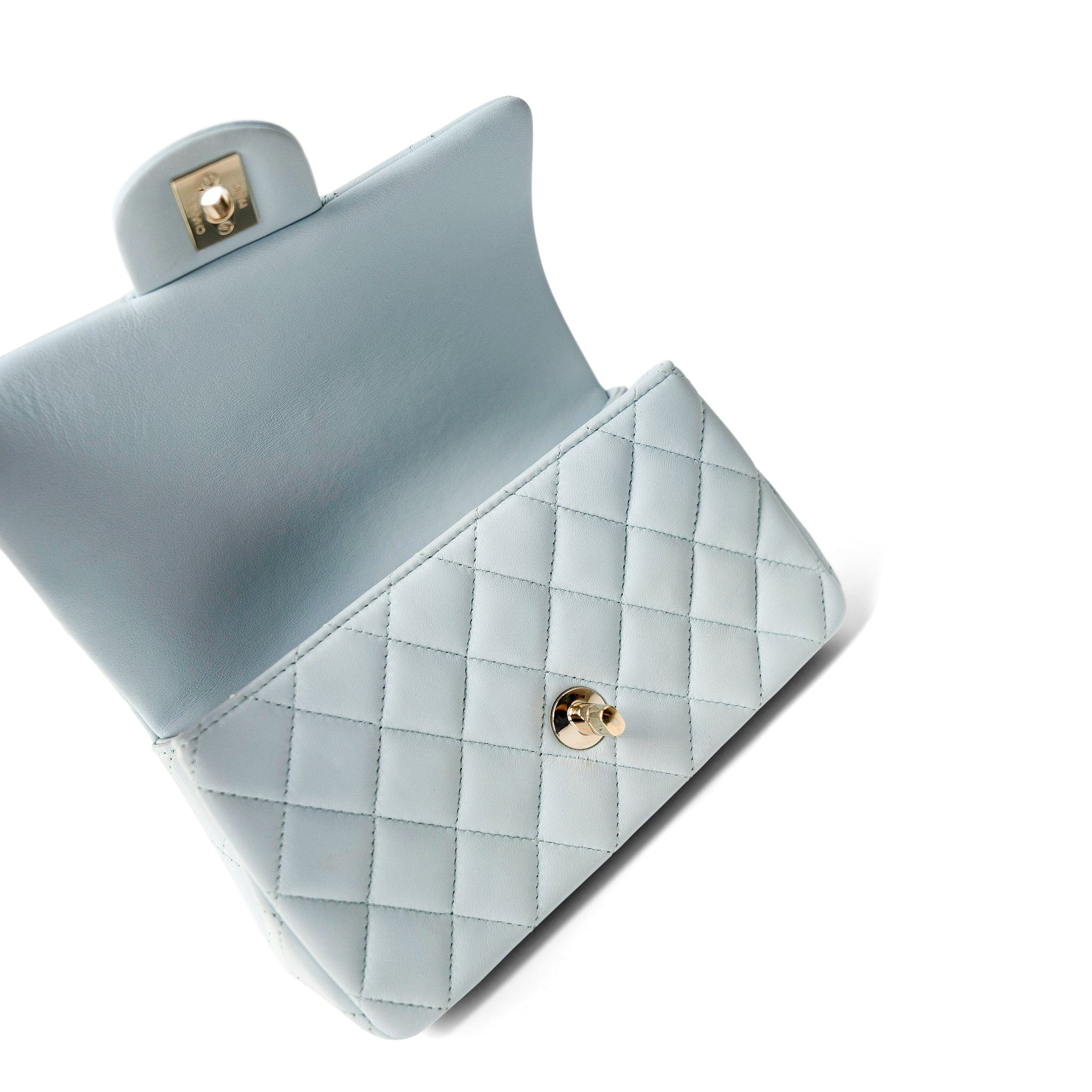 CHANEL Handbag Mini top handle / Blue Light Blue Lambskin Quilted Mini Top Handle Light Gold Hardware - Redeluxe