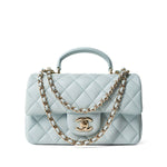 CHANEL Handbag Mini top handle / Blue Light Blue Lambskin Quilted Mini Top Handle Light Gold Hardware - Redeluxe