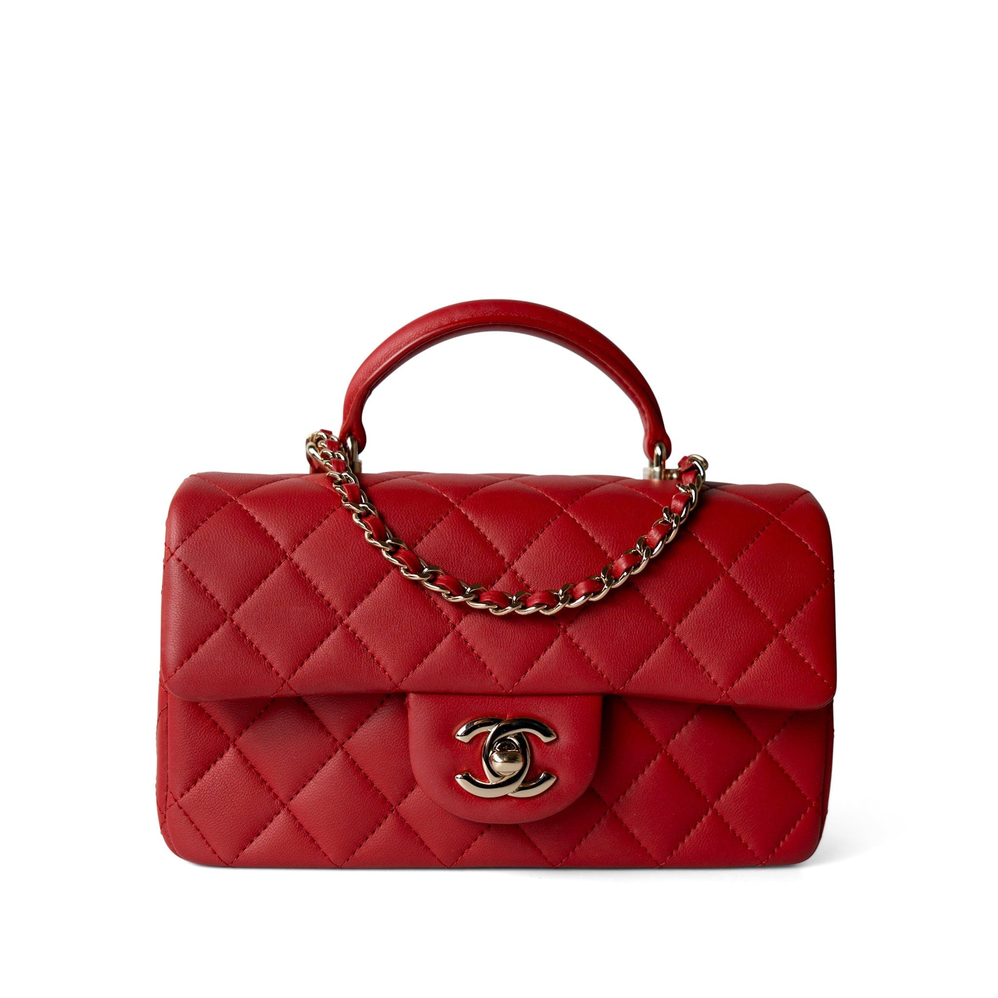 CHANEL Handbag Mini Top Handle / Red 22P Red Lambskin Mini Top Handle Light Gold Hardware - Redeluxe