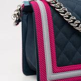 CHANEL Handbag Nylon Quilted Medium Fluo Boy Flap Dark Navy Fuchsia Grey - Redeluxe