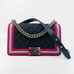 CHANEL Handbag Nylon Quilted Medium Fluo Boy Flap Dark Navy Fuchsia Grey - Redeluxe