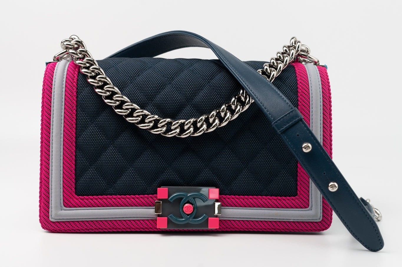 CHANEL Handbag Nylon Quilted Medium Fluo Boy Flap Dark Navy Fuchsia Grey - Redeluxe