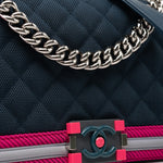 CHANEL Handbag Nylon Quilted Medium Fluo Boy Flap Dark Navy Fuchsia Grey - Redeluxe