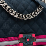 CHANEL Handbag Nylon Quilted Medium Fluo Boy Flap Dark Navy Fuchsia Grey - Redeluxe