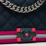 CHANEL Handbag Nylon Quilted Medium Fluo Boy Flap Dark Navy Fuchsia Grey - Redeluxe