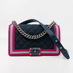 CHANEL Handbag Nylon Quilted Medium Fluo Boy Flap Dark Navy Fuchsia Grey - Redeluxe