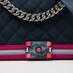 CHANEL Handbag Nylon Quilted Medium Fluo Boy Flap Dark Navy Fuchsia Grey - Redeluxe