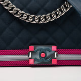 CHANEL Handbag Nylon Quilted Medium Fluo Boy Flap Dark Navy Fuchsia Grey - Redeluxe