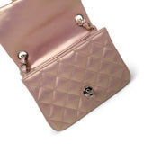 CHANEL Handbag Pink 21K Mini Pink Iridescent Square Lambskin Quilted Classic Flap SHW - Redeluxe