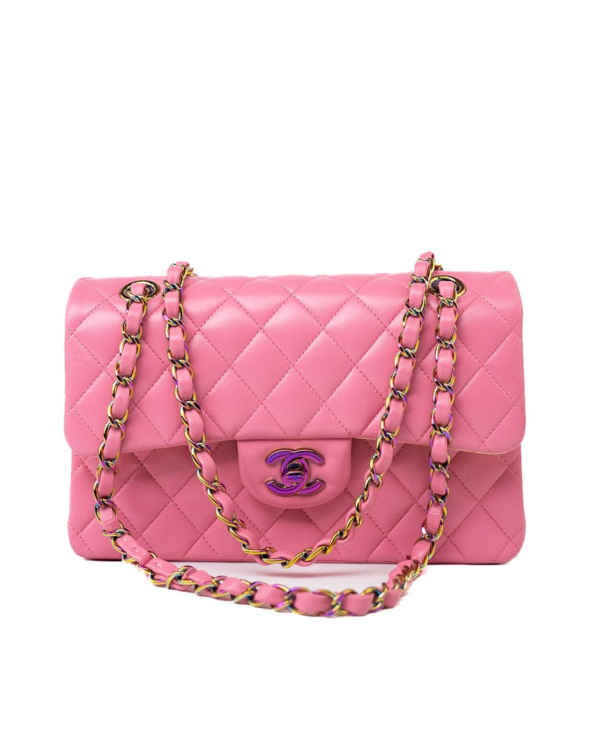 CHANEL Handbag Pink 21P Pink Lambskin Quilted Classic Flap Small Yellow Interior / Rainbow Hardware - Redeluxe