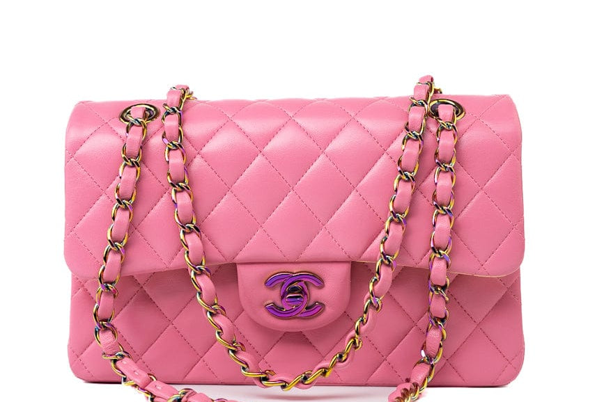 CHANEL Handbag Pink 21P Pink Lambskin Quilted Classic Flap Small Yellow Interior / Rainbow Hardware - Redeluxe