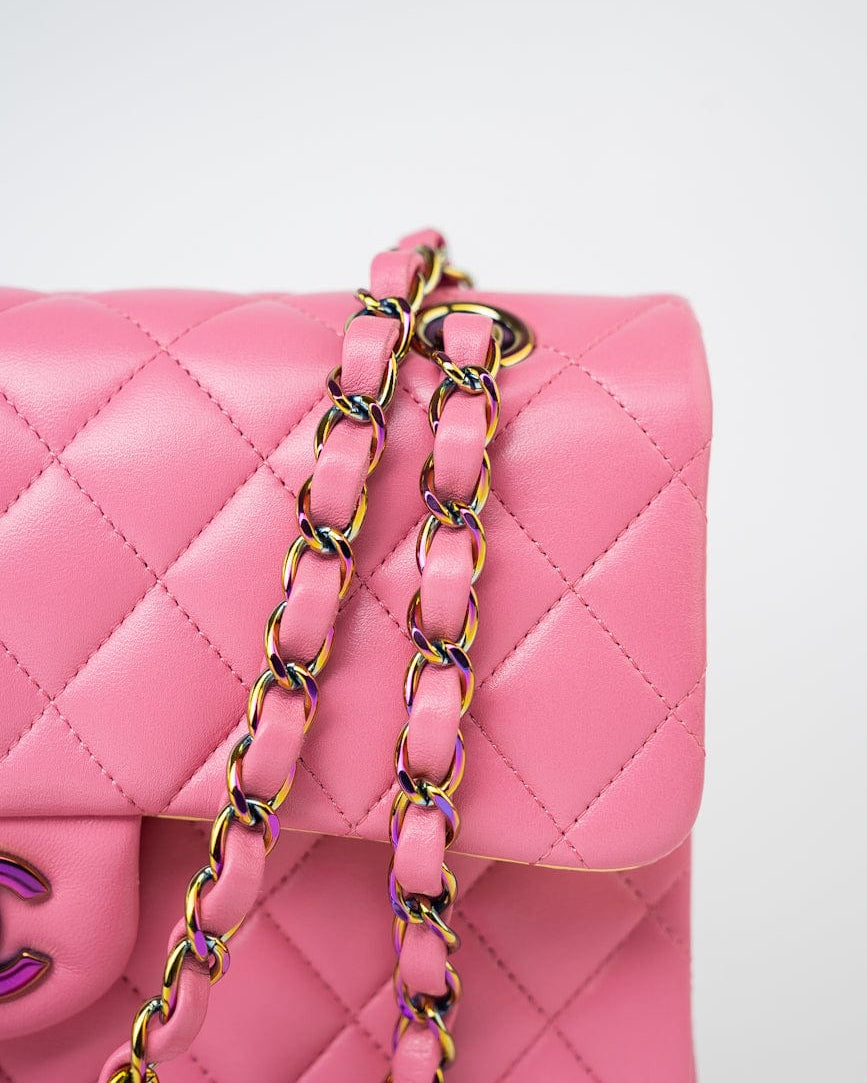 CHANEL Handbag Pink 21P Pink Lambskin Quilted Classic Flap Small Yellow Interior / Rainbow Hardware - Redeluxe