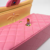 CHANEL Handbag Pink 21P Pink Lambskin Quilted Classic Flap Small Yellow Interior / Rainbow Hardware - Redeluxe