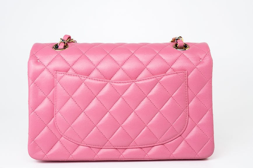 CHANEL Handbag Pink 21P Pink Lambskin Quilted Classic Flap Small Yellow Interior / Rainbow Hardware - Redeluxe