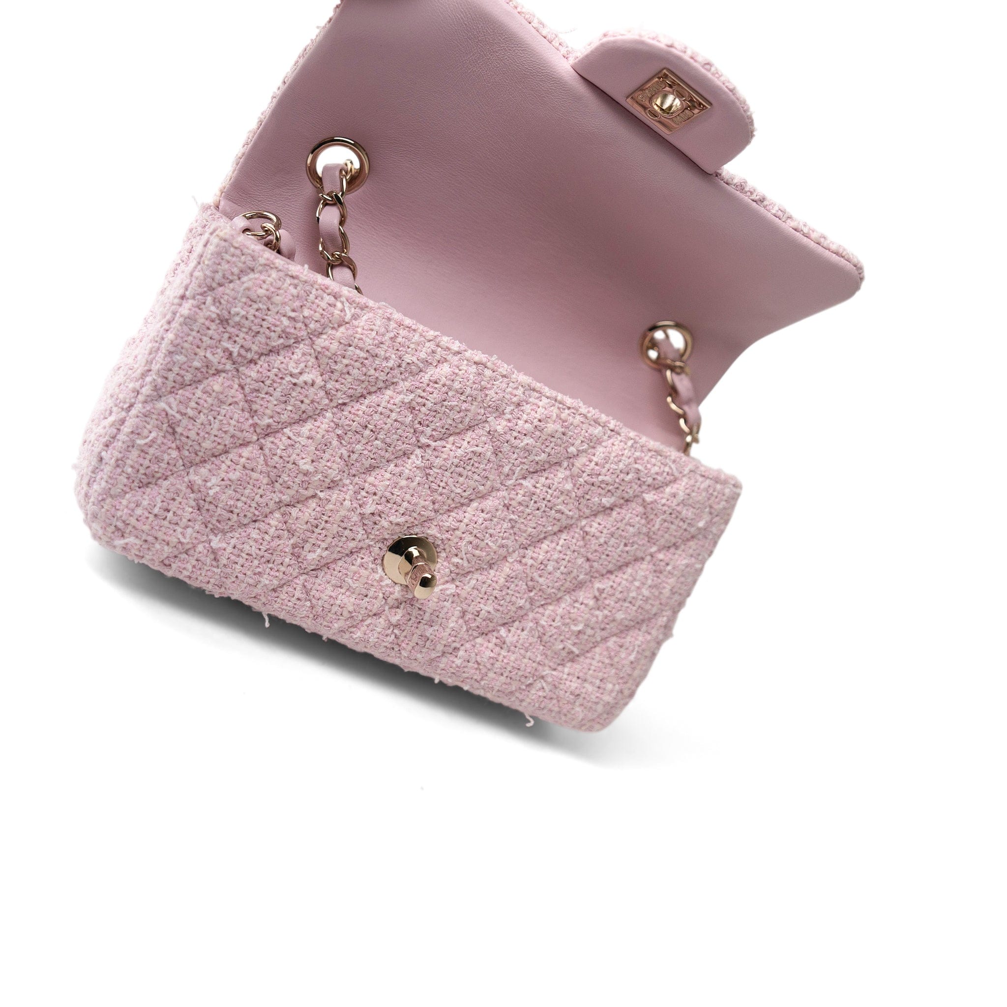 CHANEL Handbag Pink 21S Pink White Tweed Quilted Mini Rectangular Flap Light Gold Hardware - Redeluxe