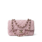 CHANEL Handbag Pink 21S Pink White Tweed Quilted Mini Rectangular Flap Light Gold Hardware - Redeluxe