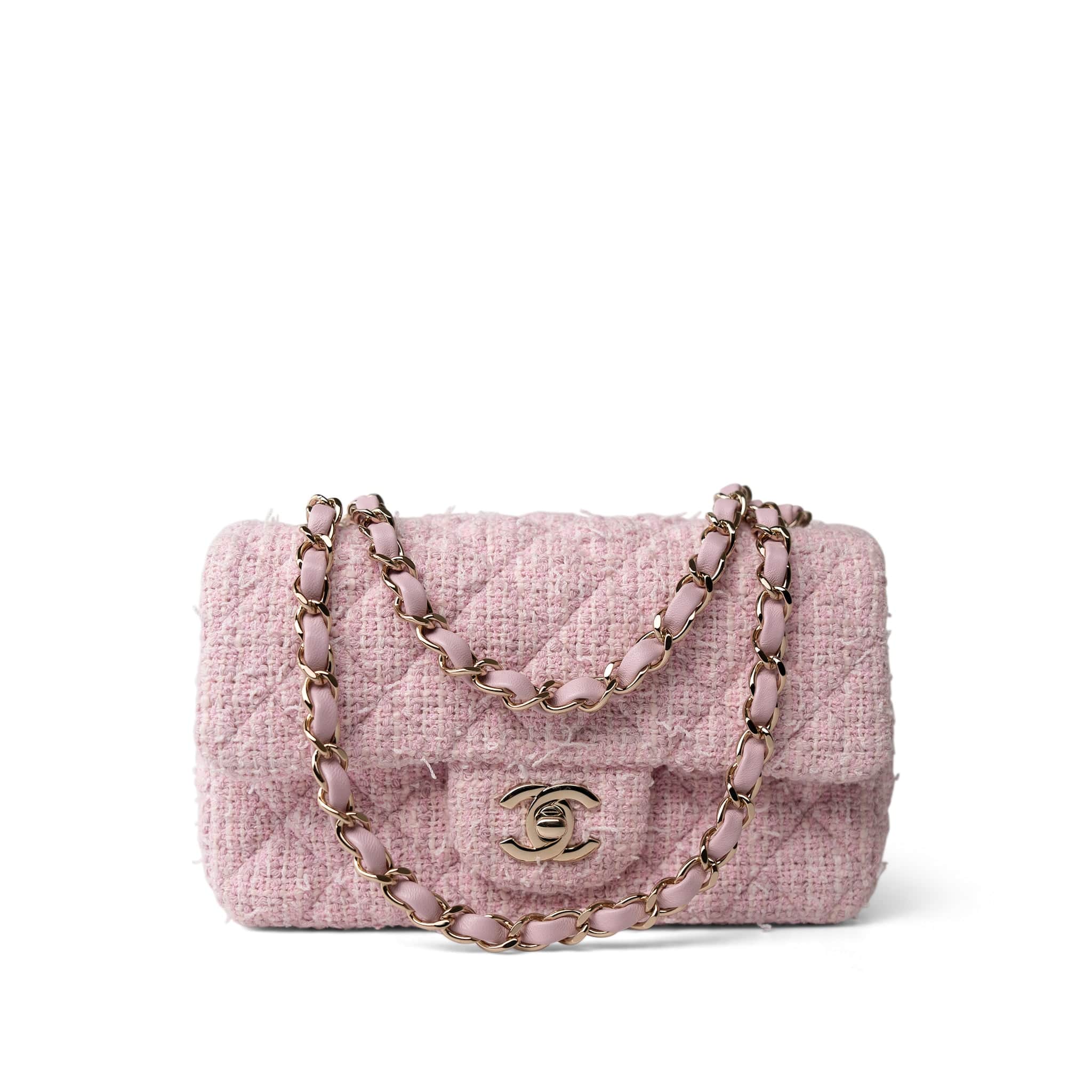 CHANEL Handbag Pink 21S Pink White Tweed Quilted Mini Rectangular Flap Light Gold Hardware - Redeluxe