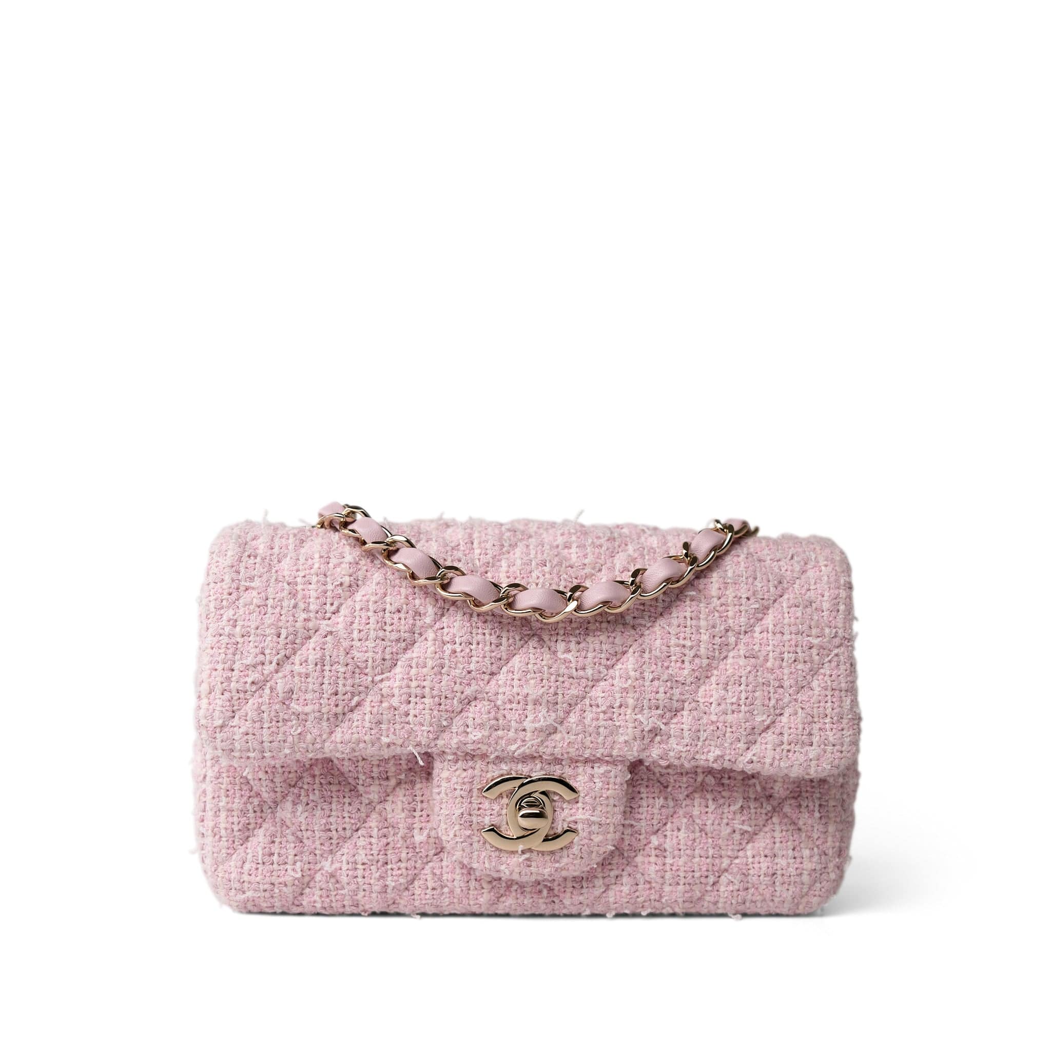 CHANEL Handbag Pink 21S Pink White Tweed Quilted Mini Rectangular Flap Light Gold Hardware - Redeluxe