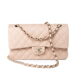 CHANEL Handbag Pink 22c Beige Caviar Quilted Classic Flap Light Gold Hardware - Redeluxe