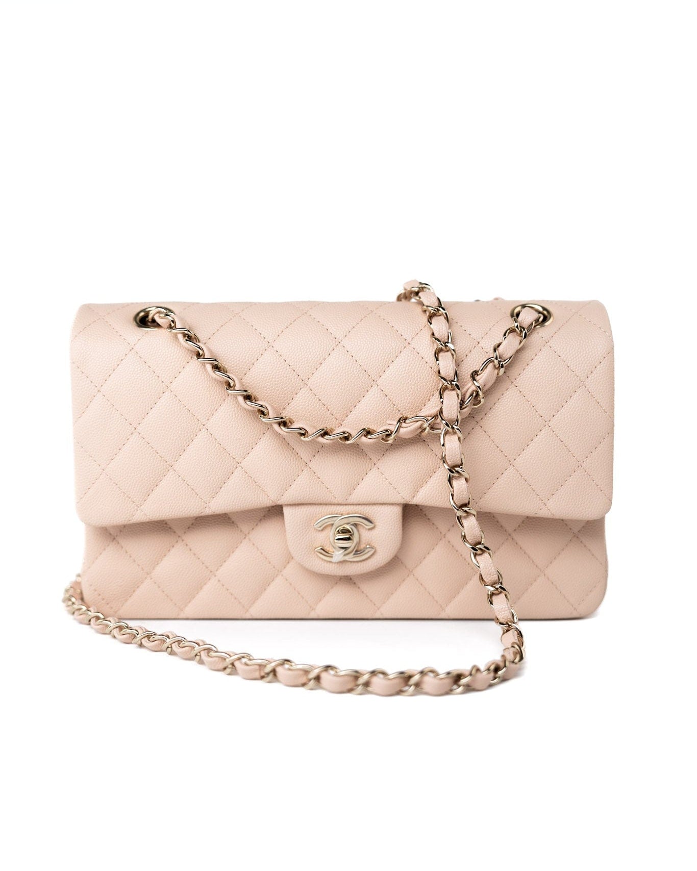 CHANEL Handbag Pink 22c Beige Caviar Quilted Classic Flap Light Gold Hardware - Redeluxe