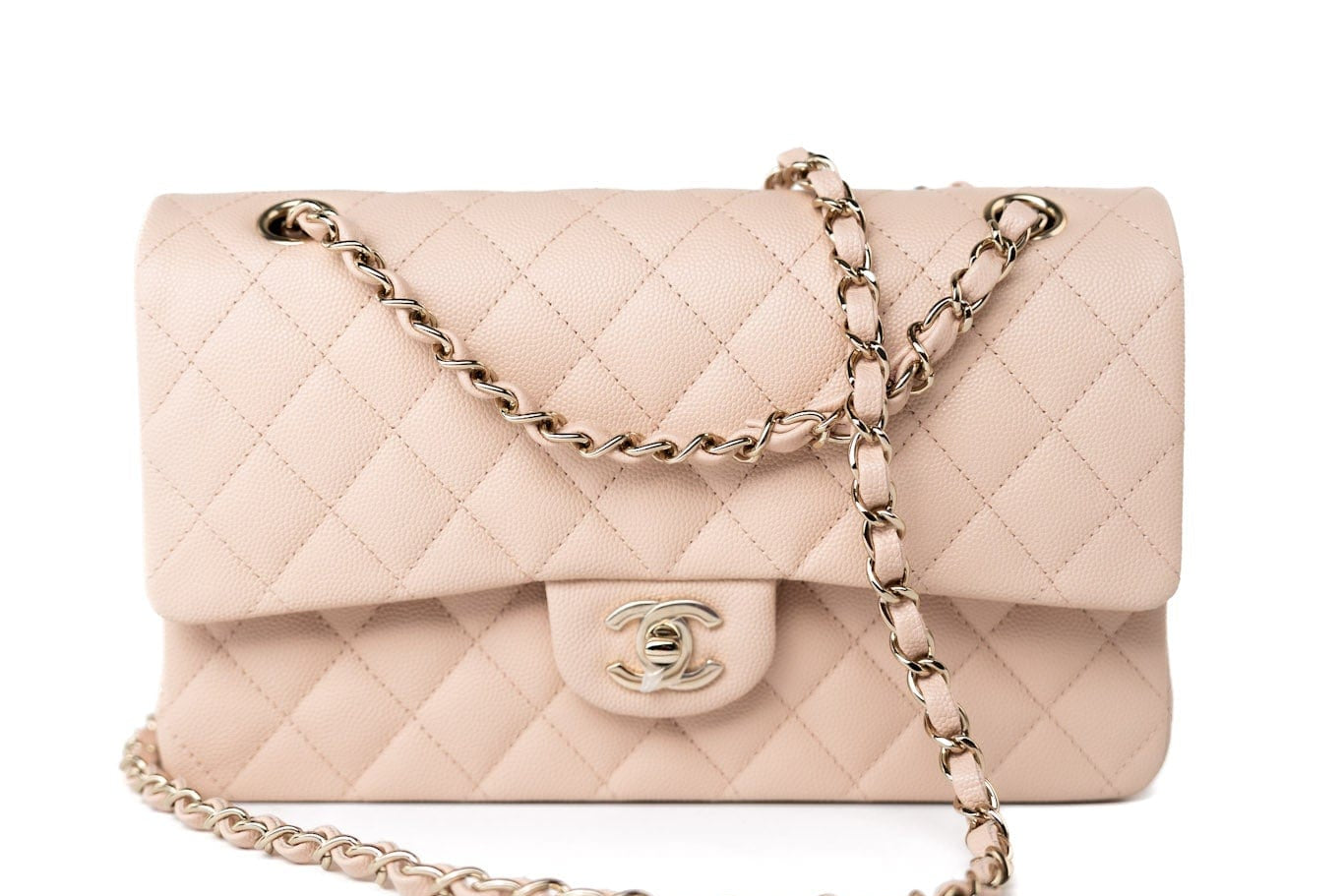 CHANEL Handbag Pink 22c Beige Caviar Quilted Classic Flap Light Gold Hardware - Redeluxe