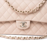 CHANEL Handbag Pink 22c Beige Caviar Quilted Classic Flap Light Gold Hardware - Redeluxe