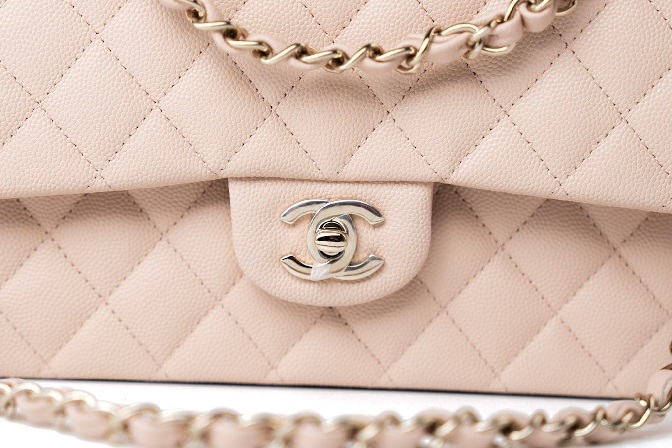 CHANEL Handbag Pink 22c Beige Caviar Quilted Classic Flap Light Gold Hardware - Redeluxe