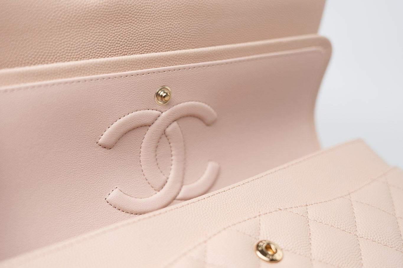 CHANEL Handbag Pink 22c Beige Caviar Quilted Classic Flap Light Gold Hardware - Redeluxe